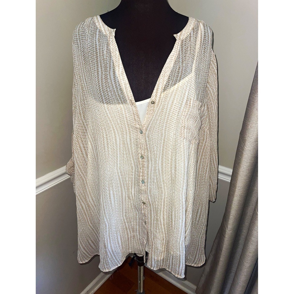 Avenue Plus Size 30/32 Beige White Sheer Chiffon Animal Print V-Neck Tunic 2 pc